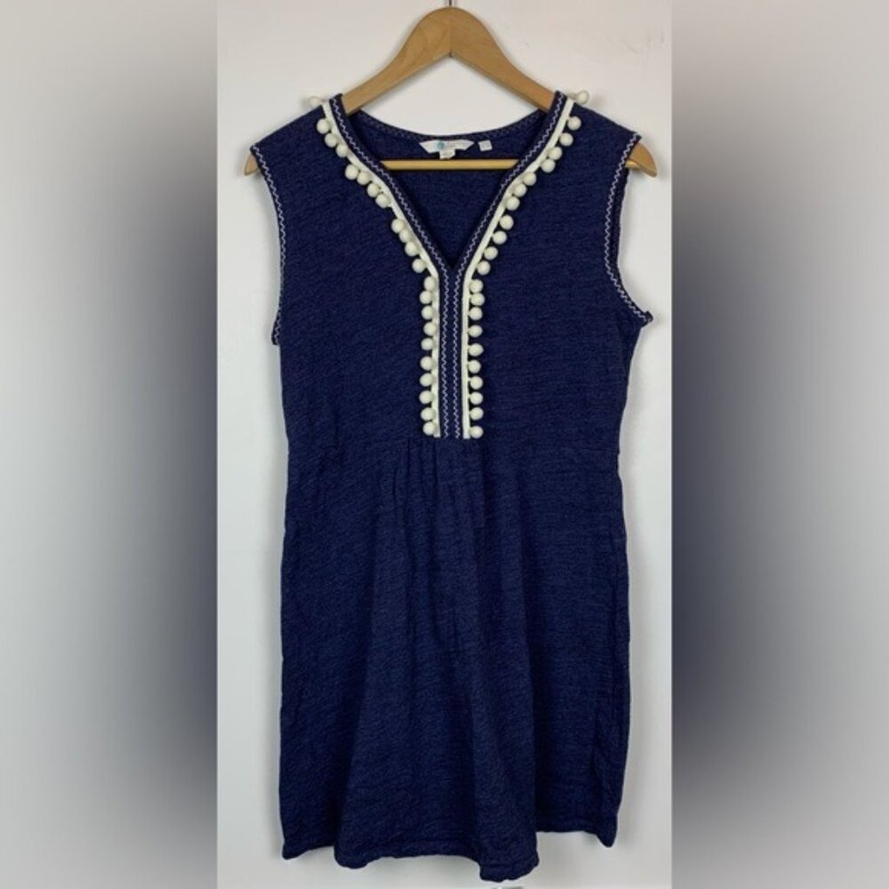 BODEN Carina Sleeveless Knit Mini Dress Navy/White Pom Poms Ric Rac Detail Sz 6R